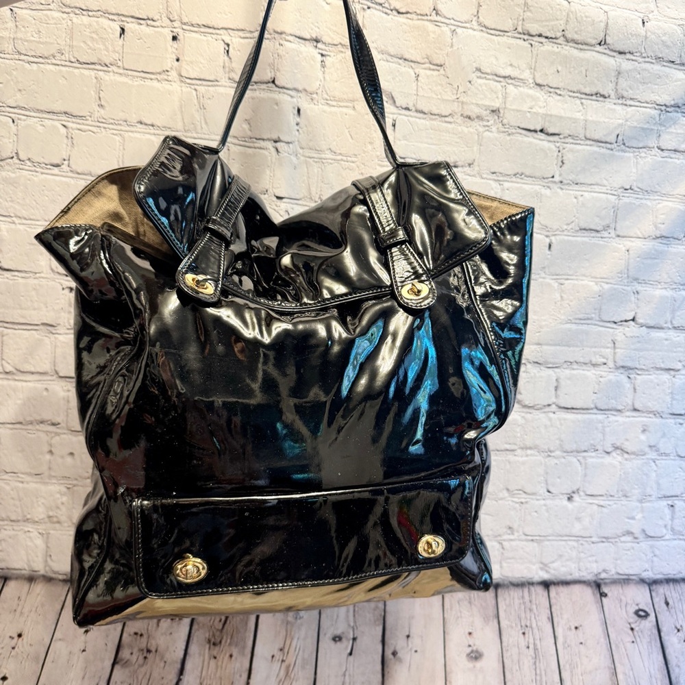 Barneys New York black glossy patent leather extra large tote bag carryall